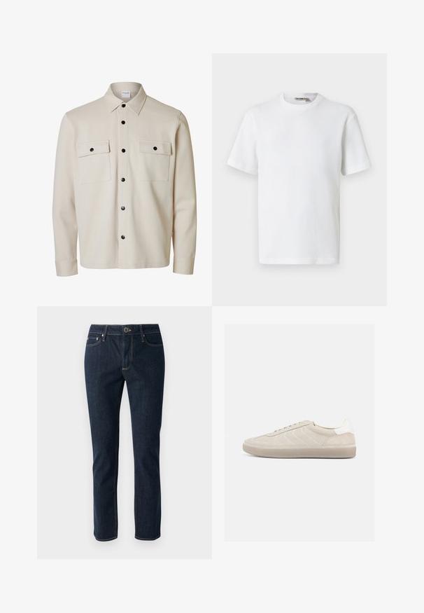 Camisa beige de manga larga con botones negros, dos bolsillos con solapa en el pecho con cierre de botón y cuello puntiagudo.; Camiseta blanca de manga corta con cuello redondo y tejido de waffle, con una pequeña etiqueta de la marca en el interior del cuello, mostrada sobre un fondo liso.; Vaqueros de mezclilla azul oscuro con un diseño de pierna recta, que cuentan con un cierre de botón, cinco bolsillos y costuras en contraste. Textura suave.; Zapatilla beige de ante con parte superior texturizada, contrafuerte de talón blanco liso, cordones finos y suela de goma. Presenta un diseño de perfil bajo.