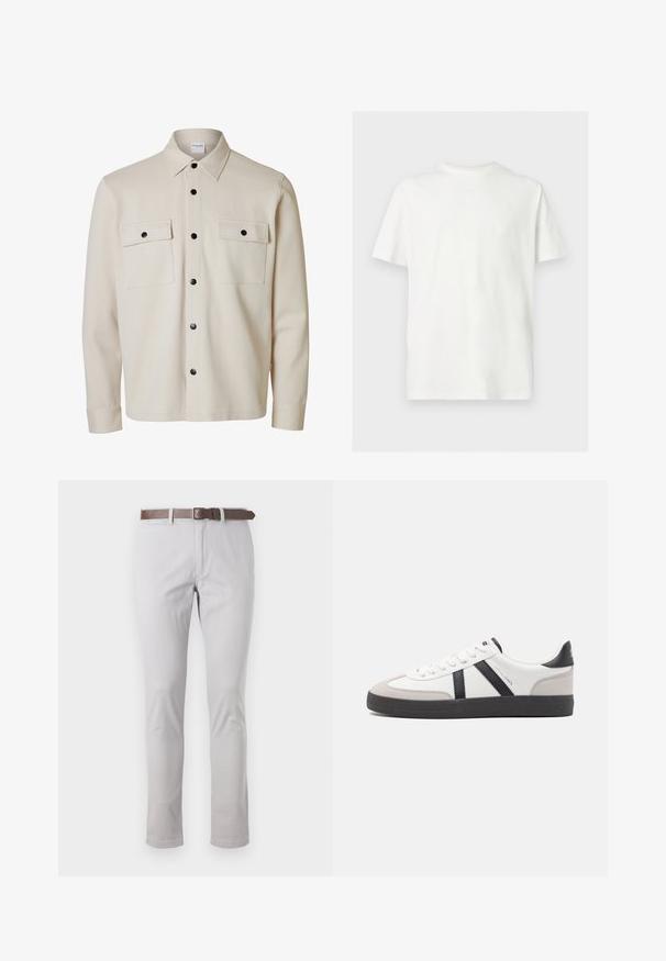 Camisa beige de manga larga con botones negros, dos bolsillos con solapa en el pecho con cierre de botón y cuello puntiagudo.; Camiseta blanca de manga corta con cuello redondo y ajuste relajado sobre un fondo claro y liso.; Pantalones de algodón de color gris claro con corte ajustado. Presentan un cinturón de cuero marrón y detalles de costura mínimos en los laterales.; Zapatilla blanca con acentos en negro y gris, que presenta una puntera texturizada en gris, suela de goma negra y cordones planos blancos. Diseño limpio, estilo minimalista.