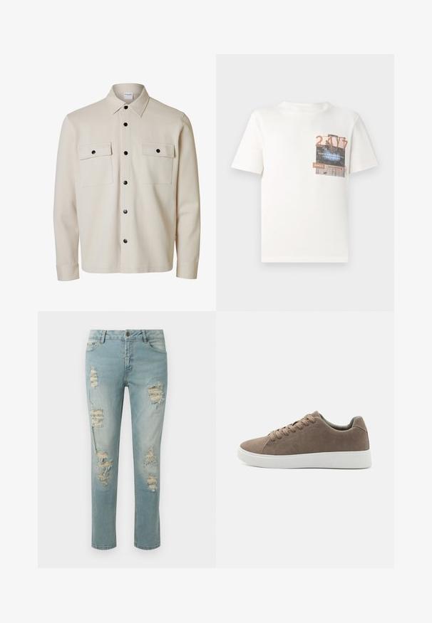 Béžová košeľa s dlhým rukávom, čiernymi gombíkmi, dvoma náprsníkmi s klopou a zapínaním na gombíky a špicatým golierom.; TOM TAILOR DENIM Tričko s potlačou - gardenia white; Svetlo modré roztrhané džínsy so cikanými detailami a strapatými okrajmi. Klasický design s piatimi vreckami a rovný strih nohavíc.; Hnedé semišové tenisky s plochými bielymi gumovými podrážkami, dizajn so šnurovaním, zaoblená špička a hladká textúra. Minimalistický štýl s jemnými švovými detailmi.