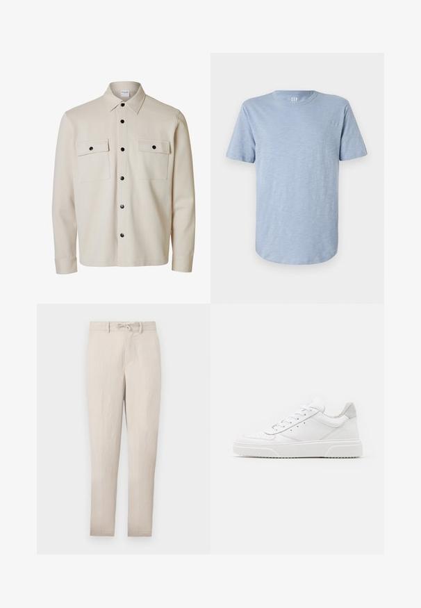 Camisa beige de manga larga con botones negros, dos bolsillos con solapa en el pecho con cierre de botón y cuello puntiagudo.; Camiseta de manga corta de color azul claro hecha de una tela suave, con un escote redondo y un dobladillo recto con una textura sutil.; Pantalones tapered ligeros en color beige con cintura ajustable, frontales lisos y mínimas arrugas. Presentan pasadores para cinturón y bolsillos laterales.; Zapatillas de cuero blanca con un acabado suave, punta redondeada, cordones planos y una suela texturada. Acento de ante gris en el talón.