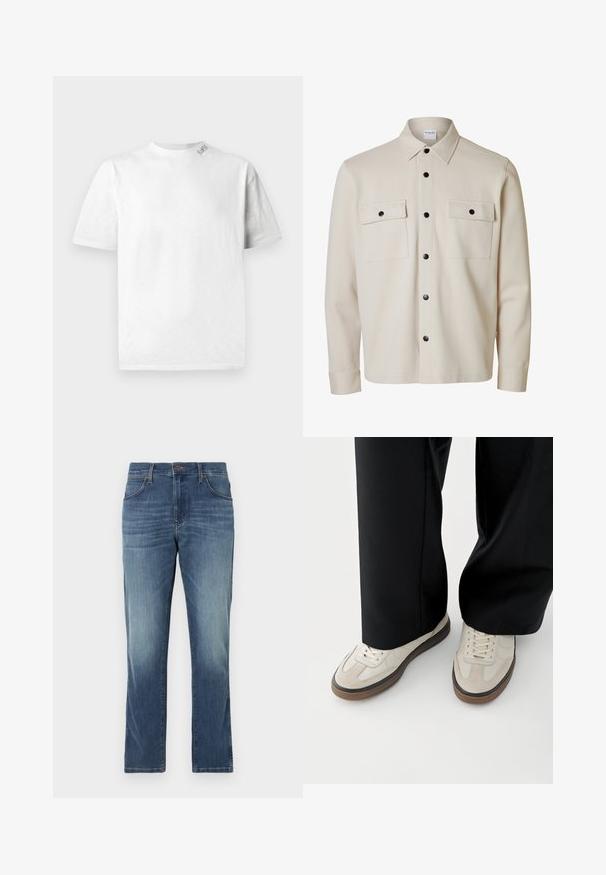 Beige langærmet skjorte med sorte knapper, to brystlommer med klap og knaplukning samt en spids krave.; Hvid kortærmet T-shirt med rund halsudskæring, der har en subtil tekstur og en lille logo-detail på venstre skulder.; Denimbukser i en mellemblå vask med lige ben, fem lommer og en klassisk knap- og lynlåslukning. Afblegede detaljer på lårene.; Fødder iført beige sneakers med brune såler og sorte bukser med vide ben på hvid baggrund.