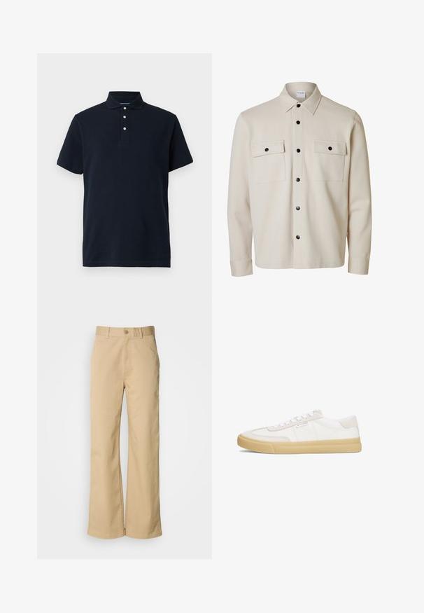 Camisa beige de manga larga con botones negros, dos bolsillos con solapa en el pecho con cierre de botón y cuello puntiagudo.; Polo de manga corta azul marino con cuello y tres botones blancos en la tapeta, mostrado sobre un fondo liso.; Pantalones beige de pierna ancha, hechos de una mezcla de algodón. Presentan un cierre de botón y trabillas para cinturón. Textura suave, con detalles de costura mínimos.; Zapatillas blancas de cuero y ante, con un diseño de cordones, suela de goma en tono marrón y un pequeño logo en el lateral.