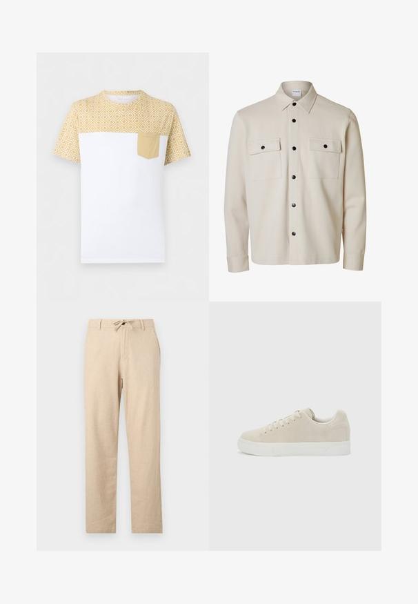 Chemise beige à manches longues avec boutons noirs, deux poches à rabat sur la poitrine avec fermetures à boutons et un col pointu.; T-shirt blanc à manches courtes avec un motif géométrique jaune sur le haut et les manches, avec une poche poitrine jaune unie sur le côté gauche.; Pantalons en lin beige clair avec taille à cordon, coupe droite, poches avant et texture lisse. Design minimaliste sans motifs.; Baskets basses beige à lacets avec semelle épaisse en caoutchouc blanc sur un fond uni gris clair.