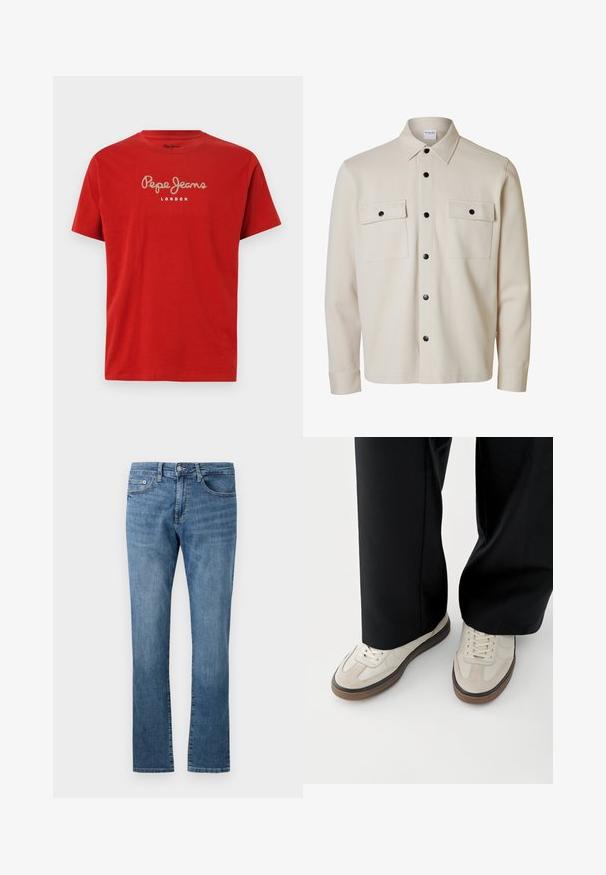 Beežni tootevarrukaga särk mustade nööpidega, kaks rinnanööpkinnituskattega taskut ja terava kraega.; Punane puuvillane T-särk lühikeste varrukatega. Omab valget käekirja "Pepe Jeans" logo ja allpool on trükitud "LONDON". Klassikaline ümberkaelus.; Sirgete säärega sinist denimpükse klassikalise viie tasku disaini ja nööpidega sulguriga, valgel taustal.; Jalad, mis kannavad beeži värvi tossusid pruunide talladega ja mustasid laiade säärega pükse valgel taustal.