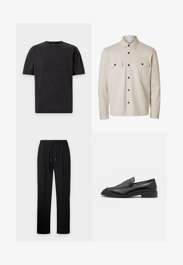 Beige langærmet skjorte med sorte knapper, to brystlommer med klap og knaplukning samt en spids krave.; Sort bomulds t-shirt med rund halsudskæring, korte ærmer og en glat tekstur. Har et let falmet udseende over stoffet.; Sorte bukser med elastisk talje og snøre. Glat tekstur, lige ben-design og ingen synlige mønstre eller hardware-detaljer.; Sorte læder loafers med en glat overflade, der har en rund tå og en smal bånd over det øverste. Lav stablet hæl.