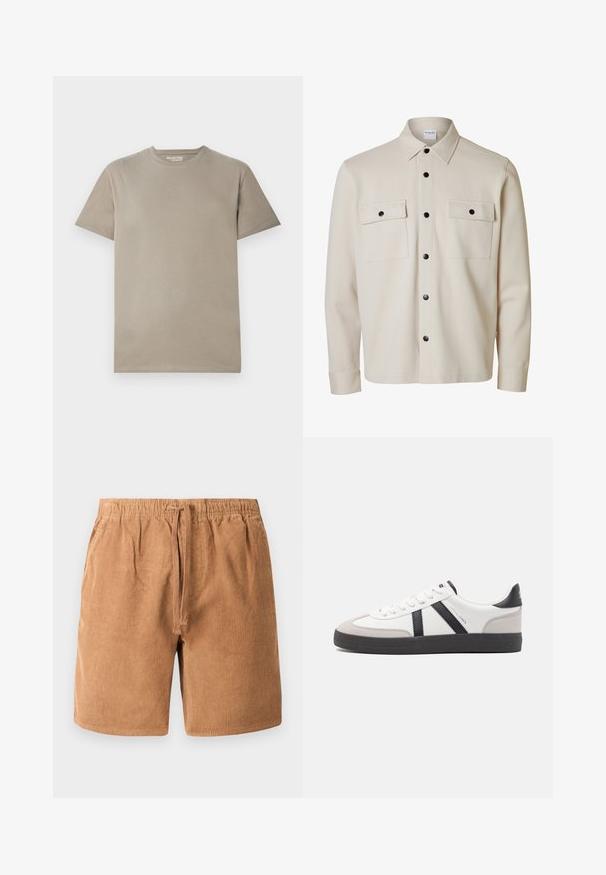 Beige langærmet skjorte med sorte knapper, to brystlommer med klap og knaplukning samt en spids krave.; Kortærmet t-shirt i lys beige bomuld, med rund halsudskæring, enkelt design og glat tekstur uden synlige mønstre eller detaljer.; Brune kordfløjlsshorts med elastisk talje og justerbar snor, med vertikal ribbet tekstur og sidelommer.; Hvide sneakers med sorte og grå detaljer, med en tekstureret grå tåhætte, sort gummisål og flade hvide snørebånd. Rent design, minimalistisk stil.