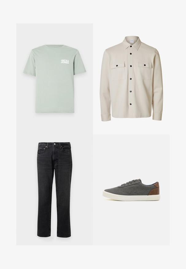 Beige langærmet skjorte med sorte knapper, to brystlommer med klap og knaplukning samt en spids krave.; Lys grøn t-shirt i bomuld med rund halsudskæring og korte ærmer. Har et hvidt logo "JACK & JONES" trykt på venstre bryst.; Sorte denim jeans med lige ben, featuring knap- og lynlåslukning, fem lommer og kobberhardware-detaljer.; Grå lærredssneakers med en hvid gummisål og brunt læderakcent på hælen, med grå snørebånd og subtile syninger.