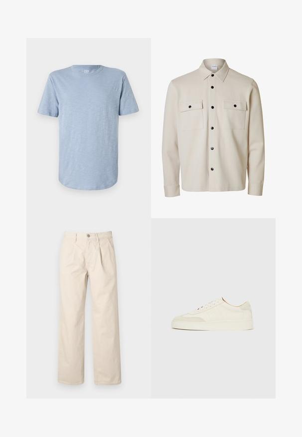 Camisa beige de manga larga con botones negros, dos bolsillos con solapa en el pecho con cierre de botón y cuello puntiagudo.; Camiseta de manga corta de color azul claro hecha de una tela suave, con un escote redondo y un dobladillo recto con una textura sutil.; Pantalones de pierna ancha beige con cintura alta, que cuentan con pliegues frontales, cierre con botón en la parte delantera y una suave tela de algodón.; Zapatillas de ante blanco con acabado liso, puntera redonda, diseño plano con cordones y detalles texturizados contrastantes. Presentan un detalle de logo sutil.