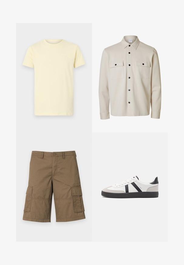 Chemise beige à manches longues avec boutons noirs, deux poches à rabat sur la poitrine avec fermetures à boutons et un col pointu.; T-shirt en coton jaune clair à manches courtes et col rond ; présente un petit logo blanc sur le haut à gauche de la poitrine.; Shorts en coton marron, style cargo, avec de multiples poches latérales, un système de fermeture à bouton et des détails cousus. Design classique à longueur de genou.; Baskets blanches avec des accents noirs et gris, présentant un embout texturé gris, une semelle en caoutchouc noir et des lacets plats blancs. Design épuré, style minimaliste.