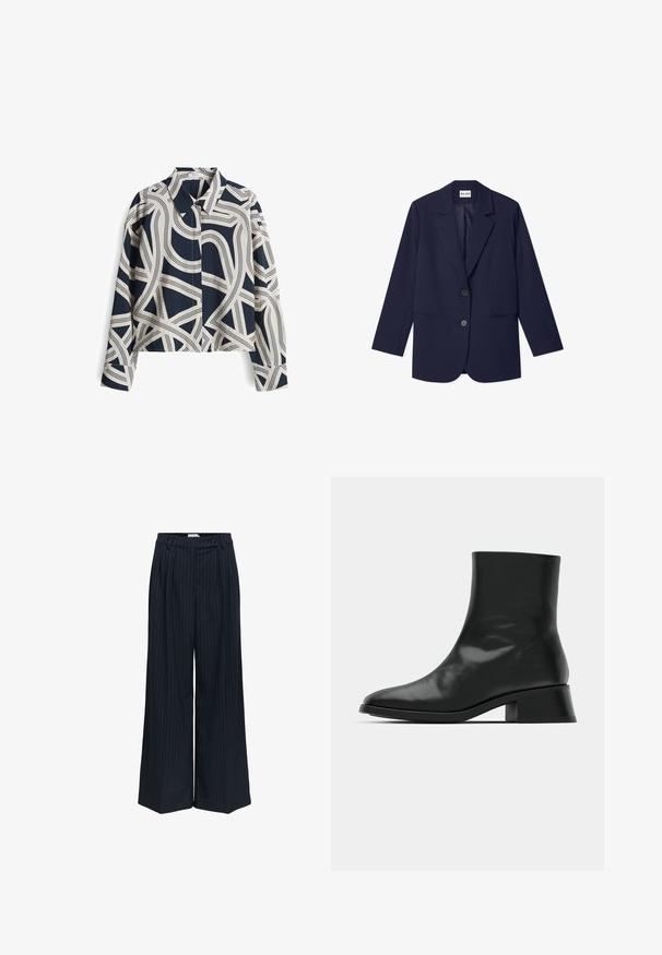 NA-KD Kurzmantel - navy; Hemd mit langen Ärmeln in Marineblau und Creme mit gemustertem Design, geknöpftem Kragen und abstrakter Liniengestaltung; aus Baumwollmischung, entspannte Passform.; Marineblaue, weit geschnittene Hose mit dünnen weißen vertikalen Nadelstreifen, vorderen Falten, seitlichen Taschen und einem mit Knöpfen versehenen Bund.; Schwarze Ankle Boots aus glänzendem Leder, mit einem eleganten Design, spitzer Zehenpartie und einem moderaten Blockabsatz für Stabilität.