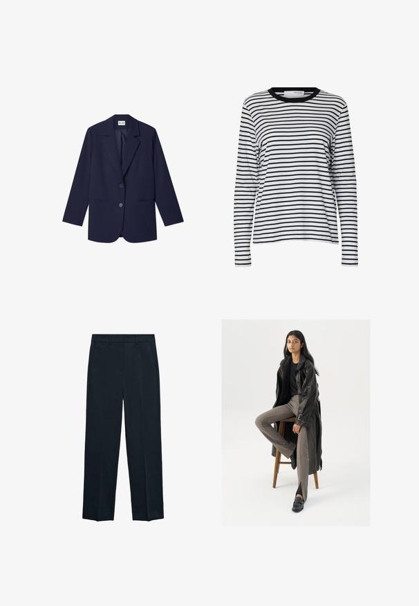 NA-KD Manteau court - navy; Chemise blanche à manches longues avec des rayures horizontales noires et un col rond noir, présentée sur un fond blanc uni.; Pantalons bleu marine avec une coupe droite, devant plat, deux poches latérales et une texture lisse. Aucun motif ou accent visible.; Manteau trench en cuir noir avec des boutons et une ceinture, associé à un pantalon ajusté marron clair et des mocassins noirs, assis sur un tabouret en bois.
