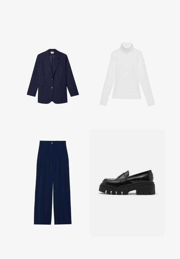NA-KD Manteau court - navy; Haut à col roulé à manches longues blanc, fabriqué en tissu lisse et extensible. Il présente un col haut et une coupe ajustée, sans motifs ni embellissements visibles.; Pantalons larges bleu marine en matériau doux, avec des plis avant, une fermeture à bouton et deux poches latérales.; Mocassins en cuir noir avec une semelle plateforme épaisse et texturée, et une sangle décorative sur le dessus. Fini lisse et brillant.