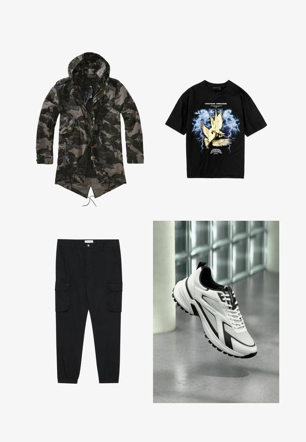 Veste parka camouflage avec capuche, fermeture éclair frontale, deux poches latérales et un dos plus long. Les couleurs incluent des nuances de vert foncé et de gris.; T-shirt en coton noir avec un design graphique de oiseaux blancs sur un fond de foudre bleue, avec le texte "RÊVES VINTAGES" en dessus.; Pantalons cargo noirs avec des jambes droites, des poignets élastiques et plusieurs poches latérales. Fabriqués en tissu texturé avec une fermeture à bouton.; Chaussure de sport Calvin Klein blanche et noire avec semelle texturée, lacets à l'avant et languette brandée, flottant au-dessus d'un sol en béton poli.