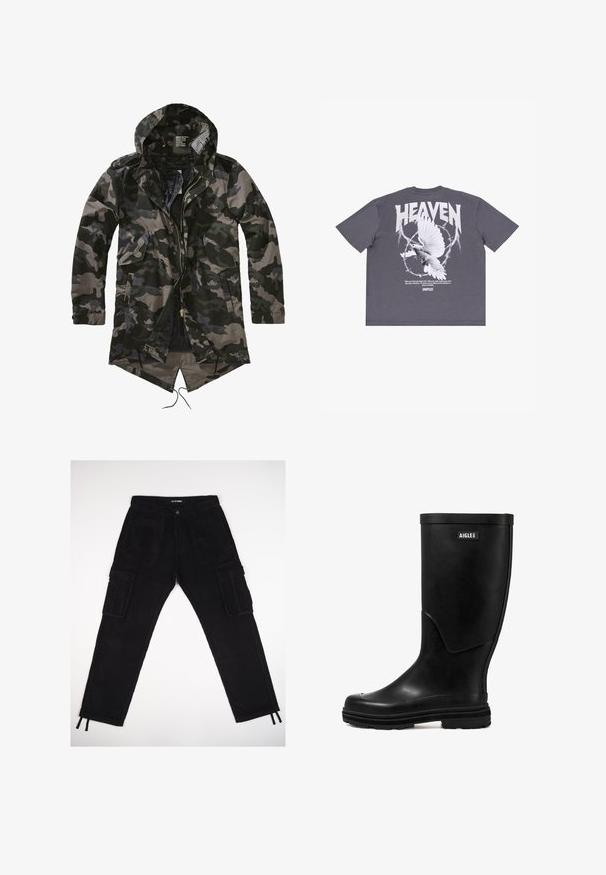 Camouflage-Parka-Jacke mit Kapuze, Reißverschluss vorne, zwei Seitentaschen und einem längeren Rücken. Die Farben umfassen verschiedene Schattierungen von Dunkelgrün und Grau.; Graues Baumwoll-T-Shirt mit einem großen weißen Grafik eines Tauben und dem Wort "HEAVEN" in fetten Buchstaben, umgeben von einem kreisförmigen Dornenmuster.; Schwarze Cordhosen mit geradem Bein, zwei seitlichen Cargo-Taschen, vorderer Knopfleiste und Kordelzug an den Knöcheln.; Schwarzer Gummi-Regenstiefel mit glatter Textur, runder Zehenform und einem Logo-Patch. Verfügt über eine mittelhohe Schafthöhe und eine strukturierte Sohle für besseren Halt.