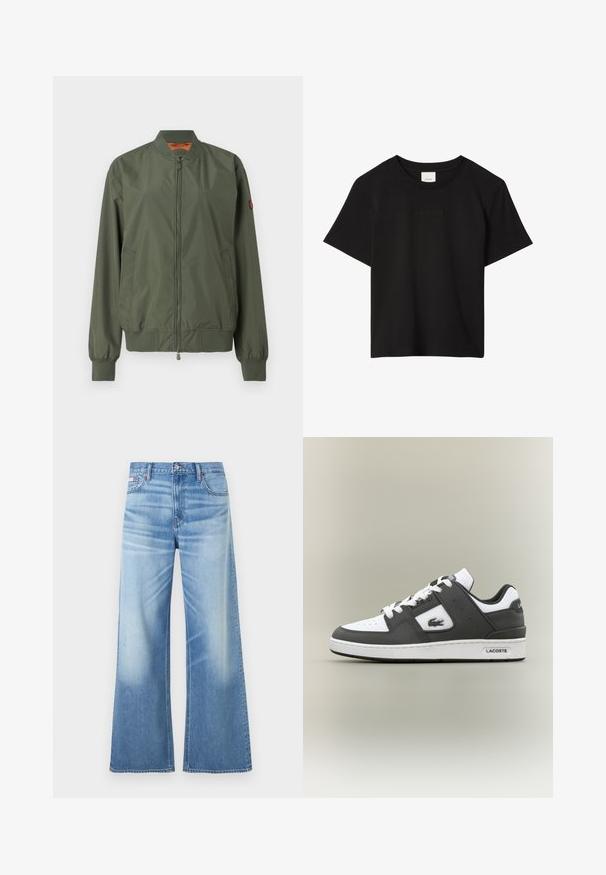 Groene bomberjack met een rits aan de voorkant, ribgebreide manchetten en zoom, zijzakken en een subtiele glans; heeft een oranje binnenkant.; Zwarte T-shirt met korte mouwen en ronde hals, met subtiel reliëf Calvin Klein-logo in het midden van de borst.; Calvin Klein Jeans LOW RISE BAGGY - Relaxed fit jeans - diamond cove; Zwart-witte Lacoste sneaker met witte veters, geperforeerde neus, krokodillogo aan de zijkant en merksol op een neutrale achtergrond.