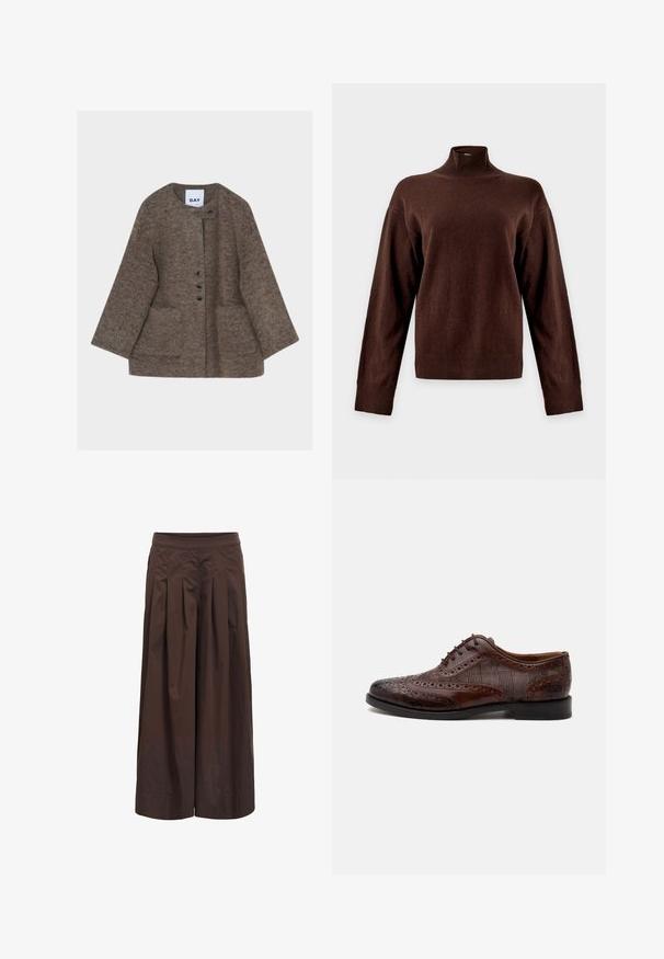 Veste en laine brune duveteuse avec encolure ronde, poches plaquées à l'avant et trois boutons noirs sur patte asymétrique.; Pull marron foncé à manches longues avec col roulé côtelé haut et poignets côtelés, présenté sur un fond clair uni.; Pantalon marron à jambes larges avec plis devant et taille ajustée, fabriqué en tissu léger, présenté sur fond blanc.; Chaussure habillée homme à bout golf en cuir marron avec détails brogue et panneaux latéraux en tissu à carreaux, vue de côté sur fond blanc.