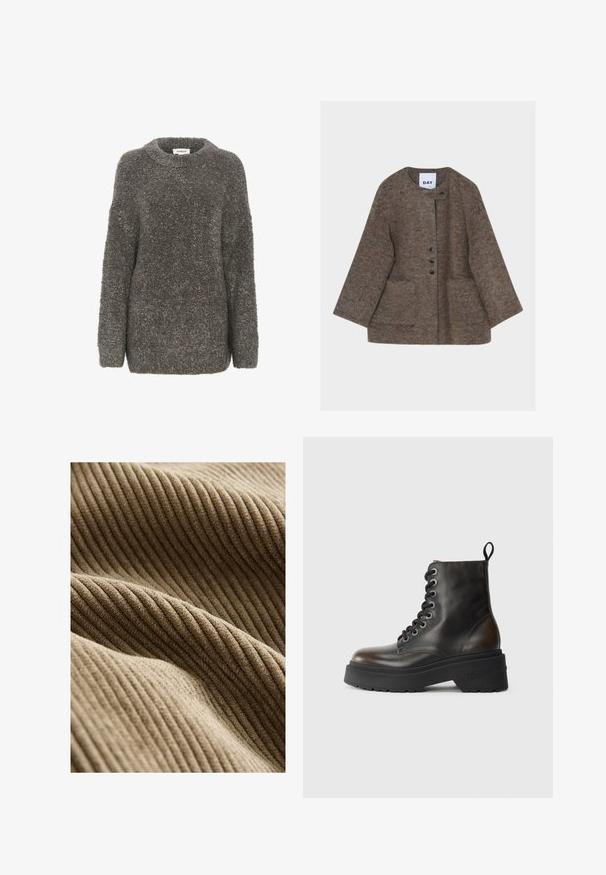 Brun, blød uldjakke med rund halsudskæring, forlommer og tre sorte knapper på asymmetrisk lukning.; Grå, tekstureret sweater med rund halsudskæring, lange ærmer og løs pasform. Lavet af et blødt, fnugget materiale, der har et enkelt design.; Tan ribbet stof med en blød tekstur, der viser teksturerede linjer og en blød fornemmelse. Materialet har et varmt, indbydende udseende.; Sorte læder ankelstøvler med snørebånd, tyk sort sål og en løkke bagpå, prydet med præget mærkenavn på hælen.