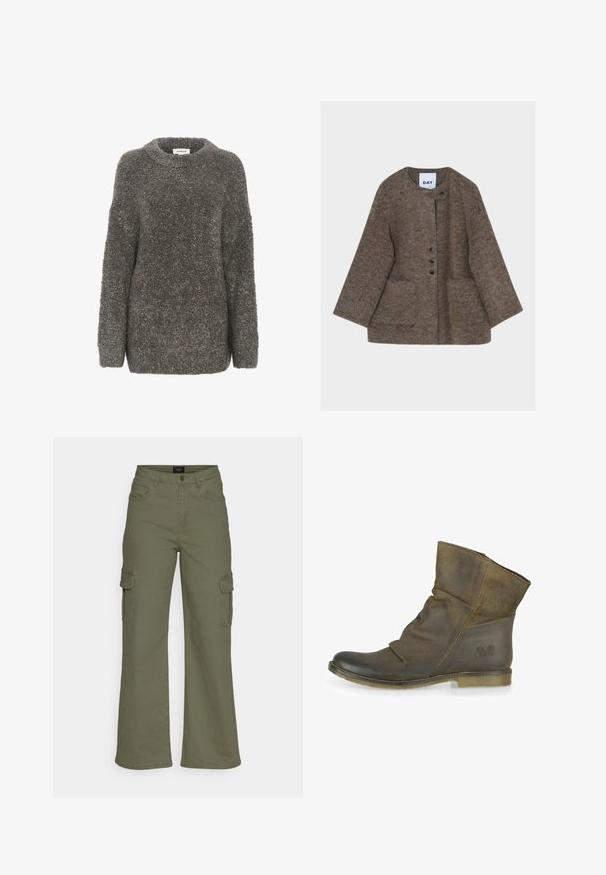 Brun, blød uldjakke med rund halsudskæring, forlommer og tre sorte knapper på asymmetrisk lukning.; Grå, tekstureret sweater med rund halsudskæring, lange ærmer og løs pasform. Lavet af et blødt, fnugget materiale, der har et enkelt design.; Cargo-bukser i olivengrøn bomuldsblanding, med brede ben, flere sidelommer og lynlås foran med knaplukning.; Brun læder ankelstøvle med et slouchy design, sort accent ved hælen og en glat tåkap. Diskret sommerfugl-logo på siden.