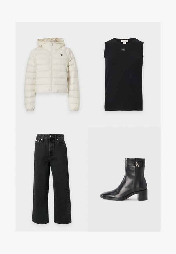 Veste matelassée courte blanche avec capuche, équipée d'une fermeture éclair et d'un logo CK discret sur la poitrine. Texture lisse et design rembourré.; Débardeur côtelé noir sans manches avec encolure ronde et petite écusson du logo Calvin Klein centré sous le col.; Jean large en denim noir, avec une taille haute, deux poches avant, une poche arrière unique et une fermeture à bouton avec un détail argenté.; Botte de cheville en cuir noir avec un bout pointu, un talon carré et une sangle avec un détail de logo métallique. Texture lisse et design minimaliste.