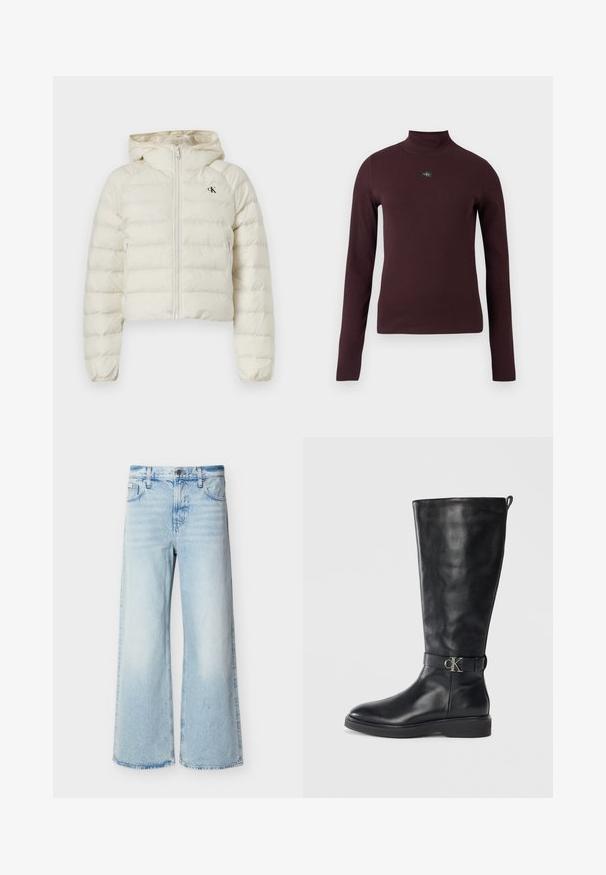 Weiße, kurz geschnittene Steppjacke mit Kapuze, ausgestattet mit einem Reißverschluss und einem dezenten CK-Logo auf der Brust. Glatte Textur und gepolstertes Design.; Weinrotes langärmeliges Rollkragenoberteil mit gerippter Textur und kleinem Logopatch auf der Brust. Der Schnitt ist schlank und der Stoff wirkt glatt.; Hellblaue High-Waist-Jeans mit weitem Bein, vorderen Taschen, Gürtelschlaufen und Knopfverschluss.; Schwarze Lederkniehohe Stiefel mit niedrigem Absatz, runder Spitze und metallischem "CK"-Logo-Riemen um den Knöchel.
