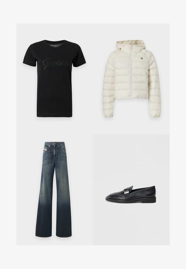 Veste matelassée courte blanche avec capuche, équipée d'une fermeture éclair et d'un logo CK discret sur la poitrine. Texture lisse et design rembourré.; T-shirt noir en coton avec un col rond, des manches courtes et un logo "Guess" en sequins texturés sur la poitrine.; Jean en denim à jambes larges de couleur bleu foncé avec une finition délavée, présentant un genou usé et un design classique à cinq poches avec une étiquette.; Mocassin en cuir noir avec une boucle rectangulaire en argent sur le dessus et un petit talon, sur fond blanc.