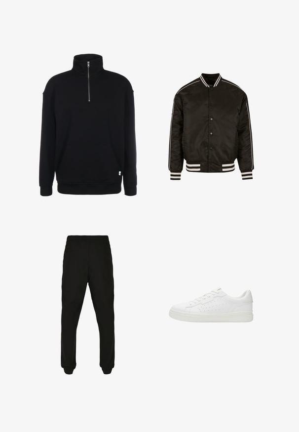 Schwarze Bomberjacke mit weißen gestreiften Akzenten an den Ärmeln und dem Kragen, Druckknopfverschluss sowie geripptem Saum und Bündchen. Glatte Stofftextur.; Schwarzer Sweatshirt mit Zip-Kragen, langen Ärmeln, weicher Textur, einer Fronttasche und einem kleinen grünen Logo am Saum.; Schwarze, elastische Hosen mit seitlichen Taschen und elastischen Bündchen. Glattes Gewebe mit minimaler Textur, tailored für eine bequeme Passform.; Weißer Ledersneaker mit glatter Oberfläche, runder Spitze und perforierten seitlichen Akzenten. Ausgestattet mit flachen Schnürsenkeln und einer strapazierfähigen Gummisohle.