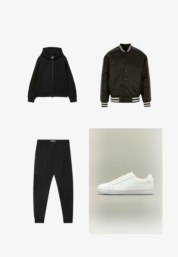 Veste bomber noire avec des accents rayés blancs sur les manches et le col, fermeture à boutons-pression, et ourlet et poignets côtelés. Texture de tissu lisse.; Sweat à capuche noir zippé avec capuche, deux poches avant, manches et ourlet côtelés. Fabriqué en tissu doux avec un design minimaliste et un détail de logo subtil.; Pantalons de sport noirs en tissu texturé, dotés d'une taille réglable, d'une poche latérale zippée et de chevrons resserrés.; Baskets blanches basses à lacets sur l'avant avec semelle en caoutchouc texturée, sur fond neutre uni.