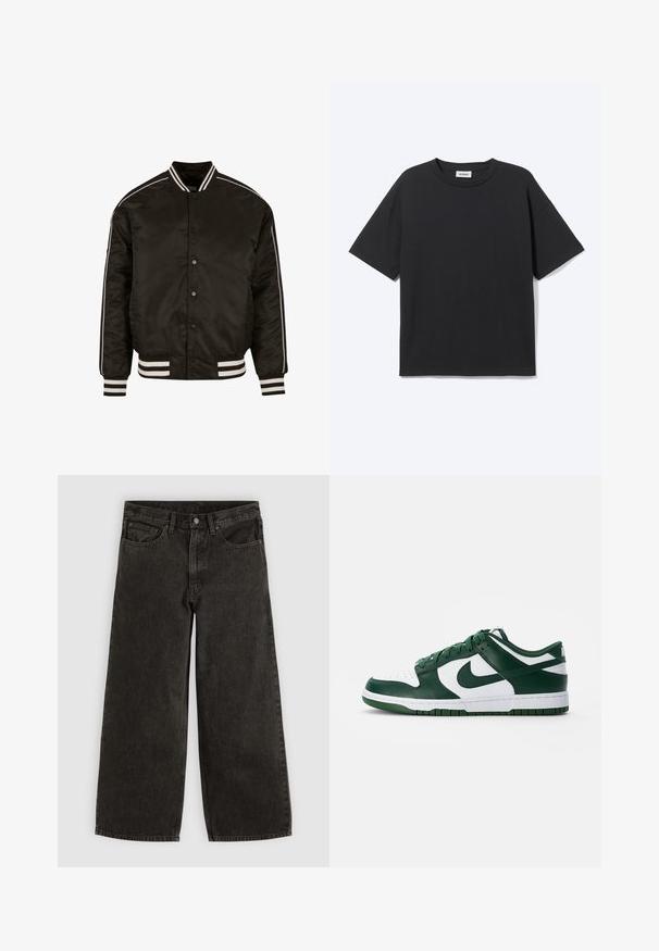Μαύρο bomber jacket με λευκές ρίγες στις μανσέτες και τον γιακά, κουμπί πατήματος για κλείσιμο, και ριμπ μανσέτες και στρίφωμα. Λείο υφασμάτινο ύφασμα.; Μαύρο κοντομάνικο T-shirt με στρογγυλή λαιμόκοψη και άνετη εφαρμογή, όψη από μπροστά, μονόχρωμο σχέδιο και ορατή ετικέτα της μάρκας Weekday μέσα στο γιακά.; Μαύρο τζιν παντελόνι με φαρδιά μπατζάκια, κουμπί και φερμουάρ μπροστά, θηλιές για ζώνη και πέντε τσέπες, απλωμένο επίπεδα σε λευκό φόντο.; Πράσινα και λευκά sneakers με δερμάτινο επάνω μέρος, perforated toe box, έντονο λογότυπο και καουτσούκ σόλα. Διαθέτουν αντίθετους πράσινους τόνους.
