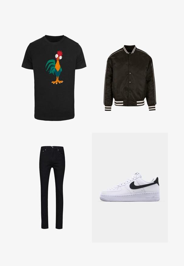 Schwarze Bomberjacke mit weißen gestreiften Akzenten an den Ärmeln und dem Kragen, Druckknopfverschluss sowie geripptem Saum und Bündchen. Glatte Stofftextur.; Schwarzes T-Shirt mit einem bunten Cartoon-Hahn-Design, das übertriebene Merkmale und große Augen zeigt, mit orangefarbenen, grünen und roten Akzenten.; Schwarze Jeans aus Denim mit geradem Schnitt, fünf Taschen, Metallknöpfen und einer einzelnen Gesäßtasche mit Ziersteppung.; Weißes Leder-Sneaker mit einem strukturierten schwarzen Swoosh, flachen Schnürsenkeln und einer Gummisohle mit genoppetem Muster. "AIR" ist auf der Ferse eingeprägt.