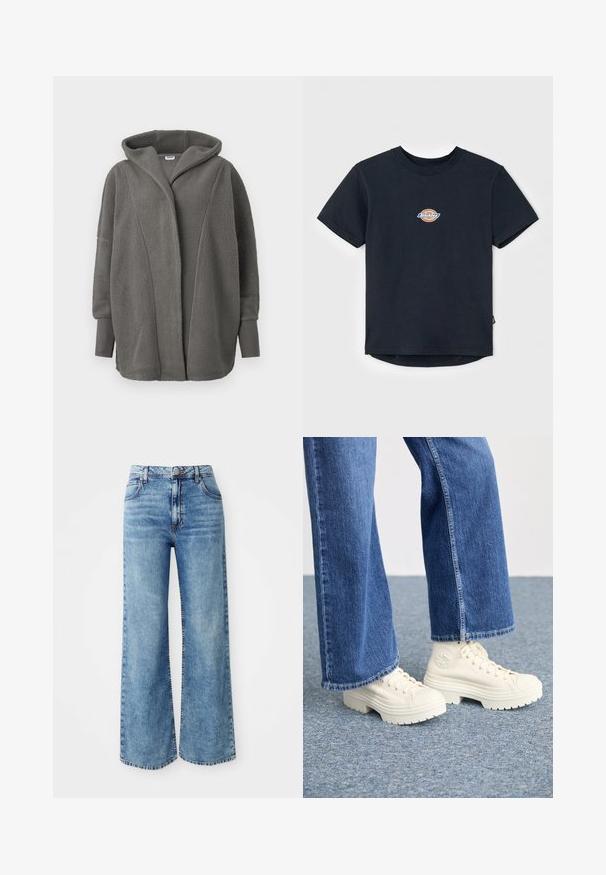 Overmaatse grijze fleecejas met capuchon, lange mouwen en verlengde ribgebreide manchetten, weergegeven op een witte achtergrond.; Zwarte katoenen t-shirt met korte mouwen, ronde hals, en een klein multikleurig logo op de borst. Rechte zoom met een iets langere achterkant.; Lichtblauwe denim wijde broek met een hoge taille, voorzien van vijf zakken, sluiting met bovenste knop en contrasterende stiksels langs de naden.; Witte hoge sneakers met dikke, geribbelde zolen en ronde logo-detail, gedragen met lichtblauwe, wijde denim jeans.