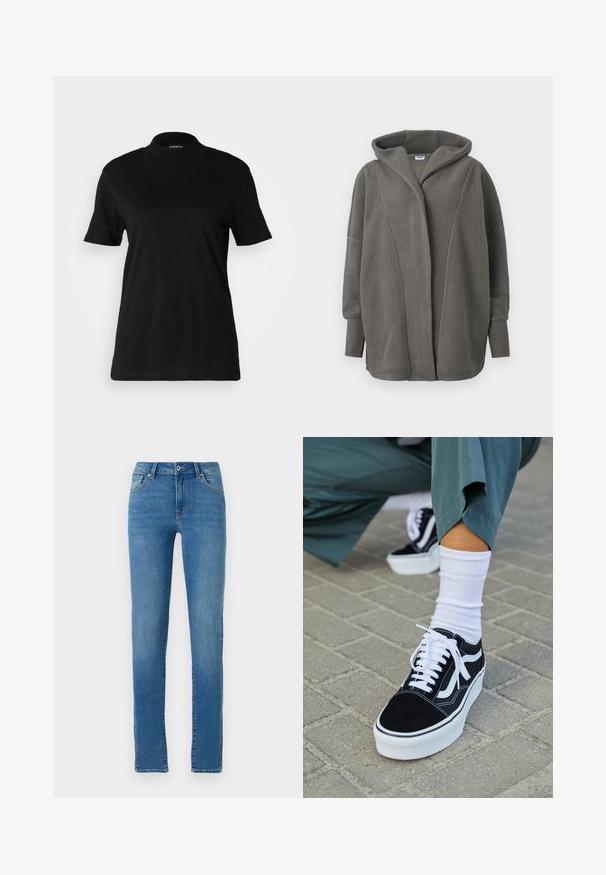 Overmaatse grijze fleecejas met capuchon, lange mouwen en verlengde ribgebreide manchetten, weergegeven op een witte achtergrond.; Zwart t-shirt met korte mouwen en een hoge hals, gemaakt van gladde katoenen stof. Eenvoudig ontwerp zonder zichtbare patronen of graphics.; Blauwe denim jeans met een rechte pasvorm, vijf zakken, sluiting met een knoop aan de voorkant en subtiele stiksels. Schoon ontwerp met een middelgrote wassing.; Zwarte suède sneaker met witte accenten en veters, uitgerust met een dikke witte zool en contrasterende stiksels, gecombineerd met een witte sok.