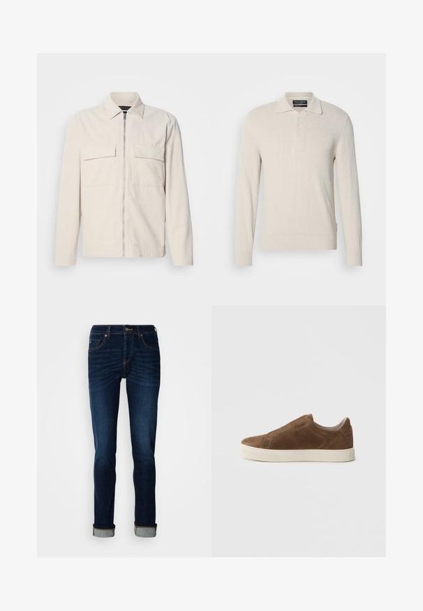 Veste en velours côtelé beige clair avec une fermeture éclair avant, deux poches poitrine, un col et des manches longues. Texture lisse et design minimaliste.; Pull col polo à manches longues beige clair en tricot doux avec une finition texturée, doté d'un col classique et d'une patte de boutonnage à trois boutons.; Jean bleu foncé avec une coupe droite, zip, et ourlet retroussé. Fabriqué en denim avec un léger délavage et des détails de couture contrastants.; Baskets à enfiler en daim marron avec un bout rond, une semelle en caoutchouc blanche et des détails lisses sur les côtés.