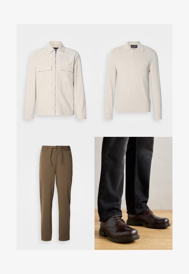 Lichtbeige corduroy jack met een rits aan de voorkant, twee borstzakken, een kraag en lange mouwen. Smooth textuur en een minimalistisch ontwerp.; Lichtbeige lange mouw polo trui in een zachte brei met een gestructureerd oppervlak, voorzien van een klassieke kraag en een drieknoopsluiting.; Bruine, taps toelopende sweatpants met elastische tailleband en trekkoord. Zachte, gladde textuur, met zijzakken en een eenvoudig ontwerp.; Bruine leren schoenen met een ronde neus, vetersluiting en robuuste zwarte rubberen zool, gecombineerd met donkere spijkerbroek.