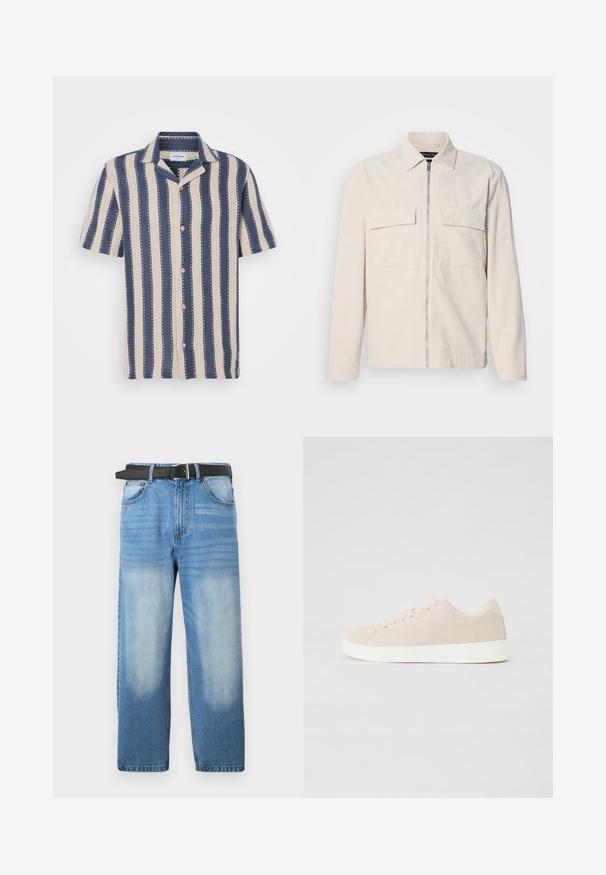 Lichtbeige corduroy jack met een rits aan de voorkant, twee borstzakken, een kraag en lange mouwen. Smooth textuur en een minimalistisch ontwerp.; Korte mouw overhemd met een marineblauw en crème gestreept patroon, voorzien van een kraag en knoopsluiting, gemaakt van ademende stof.; Lichtblauwe denim jeans met een rechte pijp, voorzien van een zwarte riem, vervaagde vlekken en subtiele diagonale textuur op het bovenste gedeelte.; Beige suède sneakers met witte rubberen zolen, ronde neus en zes veterogen. Gladde textuur met minimalistisch ontwerp.