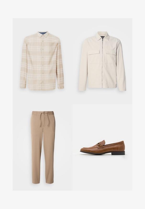 Helle beigefarbene Cordjacke mit einem Reißverschluss vorne, zwei Brusttaschen, einem Kragen und langen Ärmeln. Glatte Textur und minimalistisches Design.; Beige Karo-Hemd mit langen Ärmeln, einer Button-Down-Kragen, Vorderknöpfen und subtilen blauen Akzenten am Halsauschnitt. Hergestellt aus weichem Stoff.; Beige Sweatpants aus weichem Baumwollmaterial, mit elastischem Bund, Kordelzug, slim fit und geraden Beinen ohne Muster.; Braune Lederloafers mit flachem Absatz, die eine dekorative Metallakzentuiert auf der Vorderseite, ein elegantes Design und eine glatte Textur aufweisen.