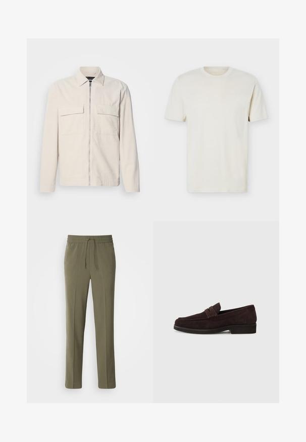 Veste en velours côtelé beige clair avec une fermeture éclair avant, deux poches poitrine, un col et des manches longues. Texture lisse et design minimaliste.; T-shirt à manches courtes couleur blanc cassé uni avec col rond et logo discret sur le côté gauche de la poitrine, présenté sur un fond blanc uni.; Pantalons légers couleur vert olive avec une taille élastique et un cordon de serrage réglable ; design à jambe droite et texture lisse.; Mocassins en daim marron avec une silhouette basse et un embout arrondi. Présentent une sangle décorative sur le dessus, une semelle en caoutchouc plate et sans couture visible.