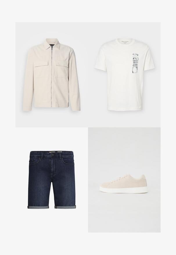 Helle beigefarbene Cordjacke mit einem Reißverschluss vorne, zwei Brusttaschen, einem Kragen und langen Ärmeln. Glatte Textur und minimalistisches Design.; Weißes T-Shirt mit kurzen Ärmeln, Rundhalsausschnitt und schwarzem, abstraktem rechteckigem Motiv auf der linken Brustseite.; Dunkelblaue Denim-Shorts mit klassischem Fünf-Taschen-Design, umgeschlagenem Saum und Knopfverschluss. Glatte Textur.; Beige Wildlederschuhe mit weißen Gummisohlen, runder Zehenform und sechs Ösen für die Schnürsenkel. Glatte Textur mit minimalistischem Design.
