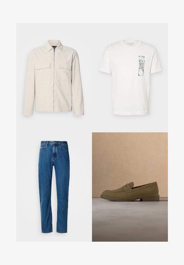 Veste en velours côtelé beige clair avec une fermeture éclair avant, deux poches poitrine, un col et des manches longues. Texture lisse et design minimaliste.; T-shirt blanc à manches courtes avec col rond et graphique abstrait rectangulaire noir sur la partie gauche de la poitrine.; Jean en denim droit bleu avec cinq poches et fermeture à bouton à l'avant sur fond blanc.; Mocassin en daim marron flottant au-dessus d'un tapis beige texturé dans un salon avec une table basse en bois et des livres empilés.