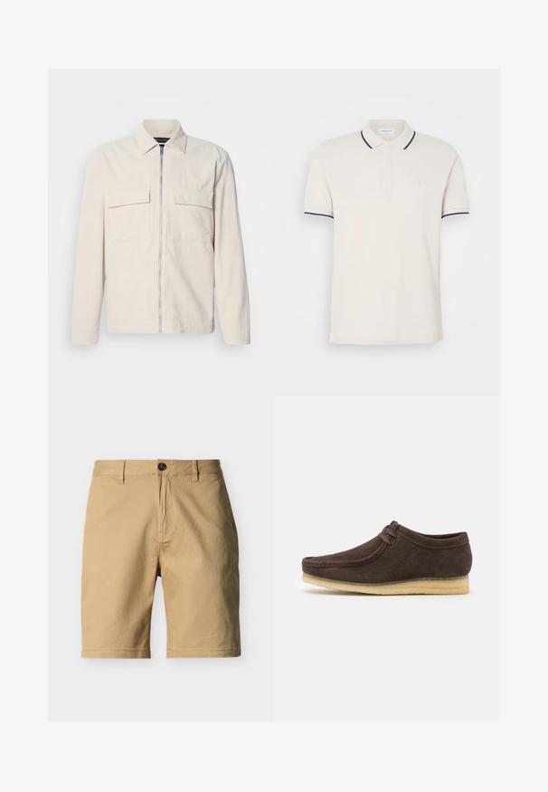 Helle beigefarbene Cordjacke mit einem Reißverschluss vorne, zwei Brusttaschen, einem Kragen und langen Ärmeln. Glatte Textur und minimalistisches Design.; Cremfarbendes Polo-Shirt mit einer Knopfleiste mit drei Knöpfen, kurzen Ärmeln und Akzenten in Marineblau an Kragen und Ärmeln. Weicher Baumwollmischstoff.; Beige, knielange, maßgeschneiderte Shorts mit Knopfverschluss, Gürtelschlaufen und flachem Vorderteil, auf schlichtem Hintergrund präsentiert.; Braune Wildlederschuhe mit glatter Oberfläche, runder Zehenform und minimalistischem Design. Verfügt über eine hellfarbene Gummisohle und kontrastierende Schnürdetails.