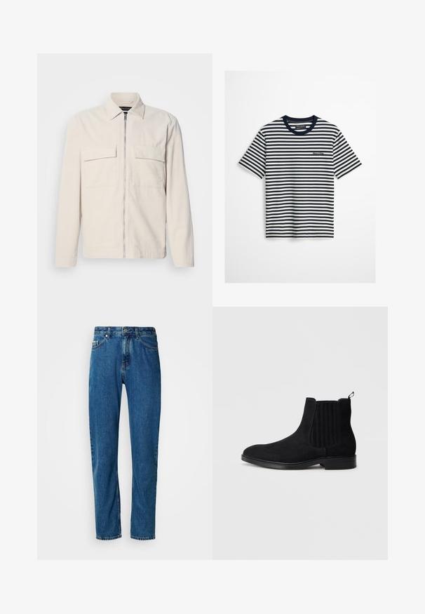 Lichtbeige corduroy jack met een rits aan de voorkant, twee borstzakken, een kraag en lange mouwen. Smooth textuur en een minimalistisch ontwerp.; Navyblauw en wit horizontaal gestreept T-shirt met korte mouwen, een navyblauwe kraag en een klein Marc O’Polo-logo op de borst.; Blauwe rechte spijkerbroek met vijf zakken en een knoopsluiting aan de voorkant op een witte achtergrond.; Zwarte suède Chelsea-boot met elastische zijpanelen, ronde neus, subtiele textuur en een trekband aan de achterkant. Vlakke rubberen zool.