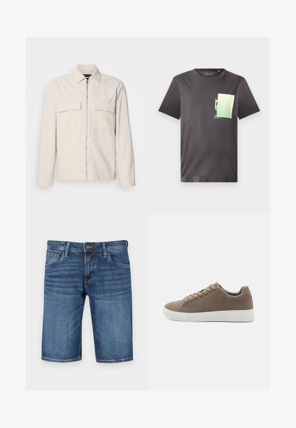 Lichtbeige corduroy jack met een rits aan de voorkant, twee borstzakken, een kraag en lange mouwen. Smooth textuur en een minimalistisch ontwerp.; Grijs katoenen T-shirt met een ronde hals, voorzien van een minimalistische groene en blauwe grafische print op de linkerkant van de borst. Korte mouwen.; Donkerblauwe denim bermuda shorts met een rechte snit, vijf-pocket ontwerp en contrasterende stiksels. Knopen- en ritsluiting in de taille.; Bruine suède sneakers met platte witte rubberen zolen, vetersluiting, ronde neus en een gladde textuur. Minimalistische stijl met subtiele stikdetails.