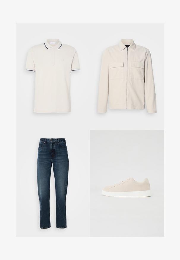 Helle beigefarbene Cordjacke mit einem Reißverschluss vorne, zwei Brusttaschen, einem Kragen und langen Ärmeln. Glatte Textur und minimalistisches Design.; Cremfarbendes Polo-Shirt mit einer Knopfleiste mit drei Knöpfen, kurzen Ärmeln und Akzenten in Marineblau an Kragen und Ärmeln. Weicher Baumwollmischstoff.; Dunkelblaue gerade Jeans mit Knopf- und Reißverschluss vorne, Fünf-Taschen-Design und subtiler Ausbleichung an Oberschenkeln und Knien.; Beige Wildlederschuhe mit weißen Gummisohlen, runder Zehenform und sechs Ösen für die Schnürsenkel. Glatte Textur mit minimalistischem Design.