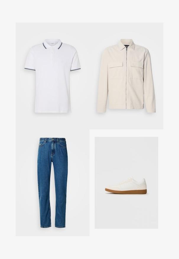 Helle beigefarbene Cordjacke mit einem Reißverschluss vorne, zwei Brusttaschen, einem Kragen und langen Ärmeln. Glatte Textur und minimalistisches Design.; Weißes Poloshirt aus Baumwolle mit kragen, einer Knopfleiste mit drei Knöpfen und navyblauen sowie weißen gestreiften Akzenten an den Ärmeln.; Blaue gerade geschnittene Jeans aus Denim mit fünf Taschen und vorderem Knopfverschluss vor einem weißen Hintergrund.; Weißer Sneaker mit einer Wildleder-Zehenkappe, glattem Synthetik-Obermaterial und einer sandfarbenen Gummisohle. Verfügt über Perforationen an den Seiten für Atmungsaktivität.