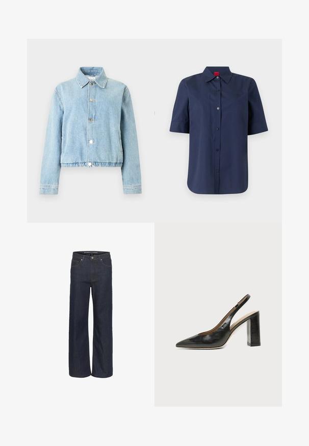 Hellblaue Jeansjacke mit langen Ärmeln, Knopfleiste vorne, Kragen und elastischem Saum.; Marineblaue kurzärmelige Hemdjacke mit Kragen und rotem Etikett im Nacken, glatte Vorderseite mit dezent besticktem Logo auf der Brust.; Dunkelblaues, weites Jeanspaar mit hoher Taille, das über fünf Taschen, kontrastierende Nähte und einen rohen Saum am unteren Ende verfügt.; Schwarzer Leder-Slingback-Schuh mit spitzer Kappe, hohem Blockabsatz und beigegefüttertem Innenraum vor hellem, einfarbigem Hintergrund.