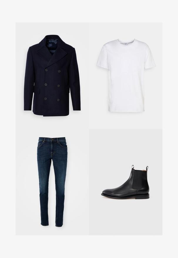 Isaac Dewhirst NEW SHORT PEACOAT SIDE ENTRY - Übergangsjacke - navy; Weißes T-Shirt mit kurzen Ärmeln aus Baumwolle. Es hat einen runden Halsausschnitt und eine lockere Passform ohne sichtbare Muster oder Akzente.; Dunkelblaue Denim-Jeans mit slim fit, strukturiertem Design, Fünf-Taschen-Stil und leichten Ausbleichungen entlang der Beine und Nähte.; Schwarze Leder Chelsea-Stiefel mit elastischen Seitenpaneelen, Zugschlaufen und einem niedrigen Absatz auf einem weißen Hintergrund.