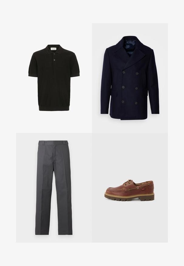 Isaac Dewhirst NEW SHORT PEACOAT SIDE ENTRY - Kerge jope - navy; Must mustriga lühikeste varrukatega polo särk tekstureeritud viimistlusega, kolme nööbiga pandla ja klassikalise kraega. Omab tihedat ribatud äärt.; Tumehallid sirge säärega püksid, lame eesmine osa ja nähtavate taskuteta, kujutatud lihtsal valgel taustal.; Pruun nahast paelaga paadisuss, millel on tan värvi tallad, ümardatud nina ja õmmeldud mokatsiini nina disain valgel taustal.