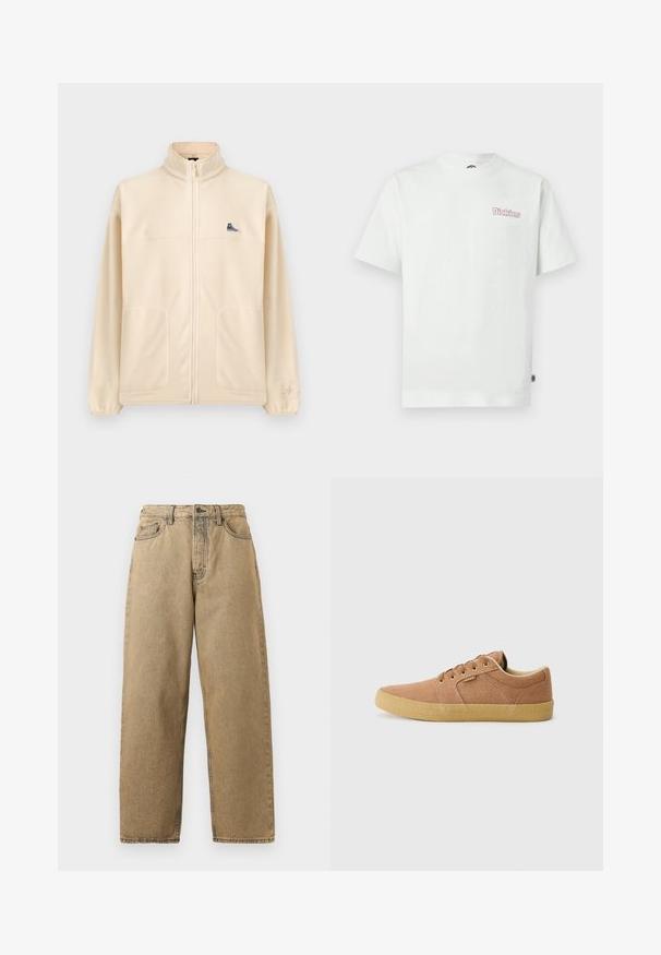 Beige Fleecejacke mit Reißverschluss, hohem Kragen, zwei Fronttaschen, kleinem schwarzen Sneaker-Patch auf der Brust und dezentem Converse-Logo am linken Ärmel.; Weißes Baumwoll-T-Shirt mit kurzen Ärmeln, Rundhalsausschnitt und einem pinkfarbenen "Dickies"-Logo auf der linken Brust. Glatte Textur.; Beige Denim-Jeans mit geradem Bein, ausgestattet mit einem Reißverschluss, Gürtelschlaufen und kontrastierenden Nähten. Keine auffälligen Muster oder Hardware-Details.; Etnies BARGE - Sneaker low - brown/beige/gum
