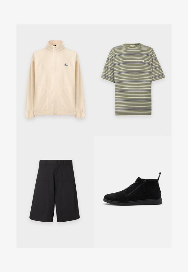 Chaqueta beige de forro polar con cremallera, cuello alto, dos bolsillos delanteros, pequeño parche negro de zapatilla en el pecho y logo sutil de Converse en la manga izquierda.; Camiseta de manga corta a rayas en verde oliva con rayas horizontales blancas, azul marino y grises; cuenta con un pequeño logo blanco en el pecho.; Pantalones cortos cargo negros hechos de tela ligera, con cierre de botones y dos bolsillos delanteros, de diseño limpio y corte recto.; Las botas de tobillo de ante negro cuentan con una punta redondeada, cordones frontales y una cremallera lateral. La suela es plana con un acabado texturizado para un mejor agarre.