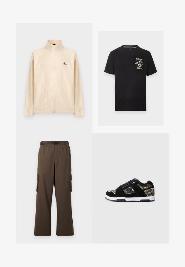Beige fleecevest met ritssluiting, hoge kraag, twee voorzakken, een klein zwart sneakerpatch op de borst en een subtiel Converse-logo op de linkermouw.; Zwart T-shirt met korte mouwen, met een kleine gele en witte afbeelding van een rennend paard en de tekst "Volcom Stone Co." op de linkerborst.; Bruine cargobroek met een losse pasvorm, elastische tailleband en twee zijzakken. Voorzien van een zwarte riem met patroon, gladde textuur.; Zwarte suède sneaker met een camouflagemotief aan de zijkant, witte tussenzool en zwarte rubberen zool. Bevat veters en logo-details aan de zijkant.