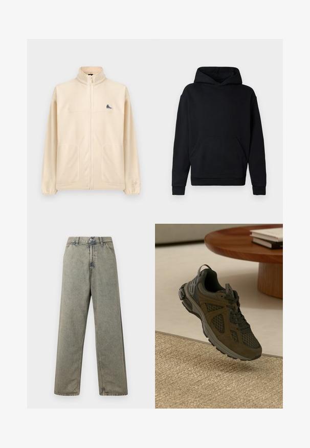 Veste polaire beige à fermeture éclair avec col montant, deux poches avant, petit écusson de basket noir sur la poitrine et logo Converse discret sur la manche gauche.; Sweat-shirt à capuche noir en tissu doux, avec une poche avant, des poignets côtelés et un simple logo brodé sur la poitrine.; Jean en denim à jambes larges de couleur gris délavé, avec une fermeture à boutons et un design traditionnel à cinq poches avec des détails de couture visibles.; Basket de sport vert foncé et marron avec des panneaux en maille et en daim placée sur un tapis texturé beige à côté d'une table en bois avec des livres empilés.